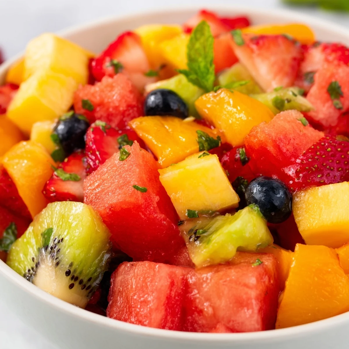 Colorful fruit salad bowl overflowing with fresh watermelon, mango, strawberries, and blueberries drizzled with citrus-mint syrup