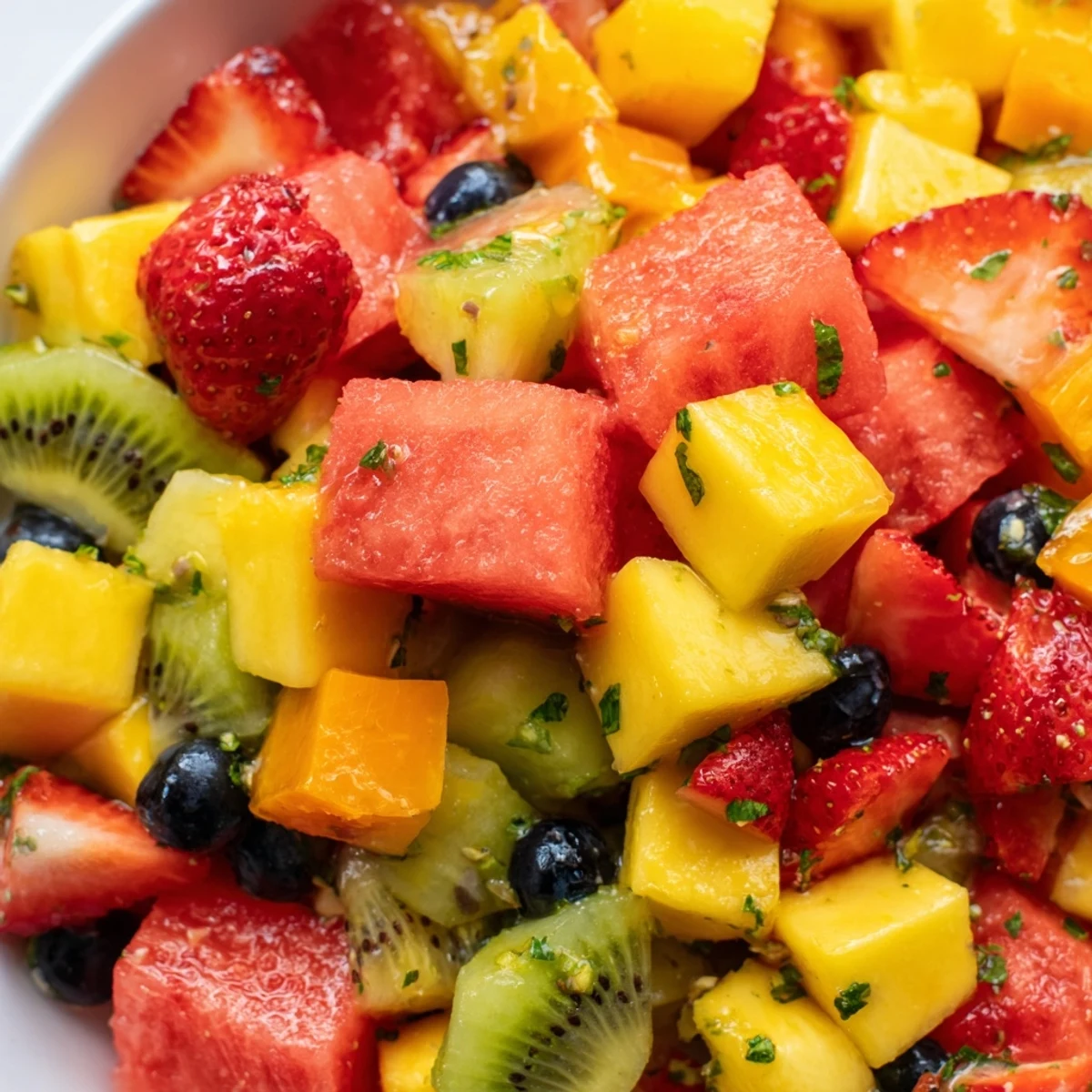 Vibrant medley of juicy chopped fruits glistening with sweet citrus glaze and fresh chopped mint leaves