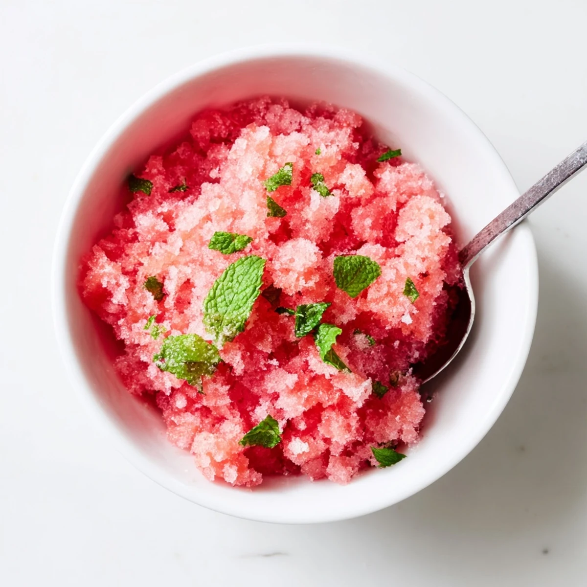 Homemade watermelon granita displaying icy crystallized texture in a shallow white dish with lime wedge accent