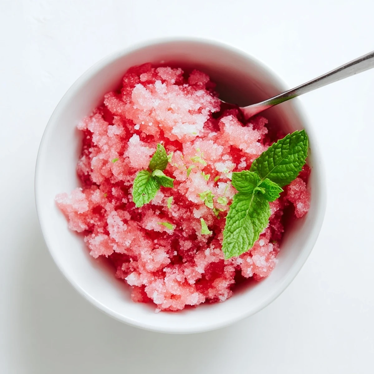Fluffy pink watermelon granita served in chilled glasses with fresh mint garnish on a sunny summer day