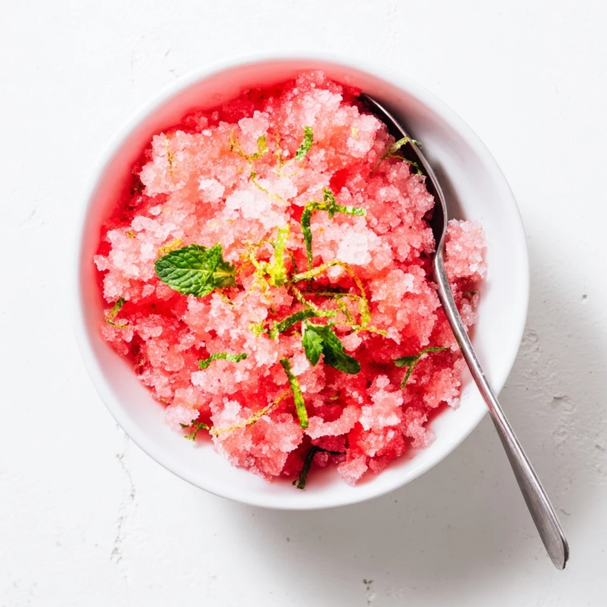 Close-up of refreshing watermelon granita being scooped into elegant bowls showcasing its light and fluffy frozen consistency