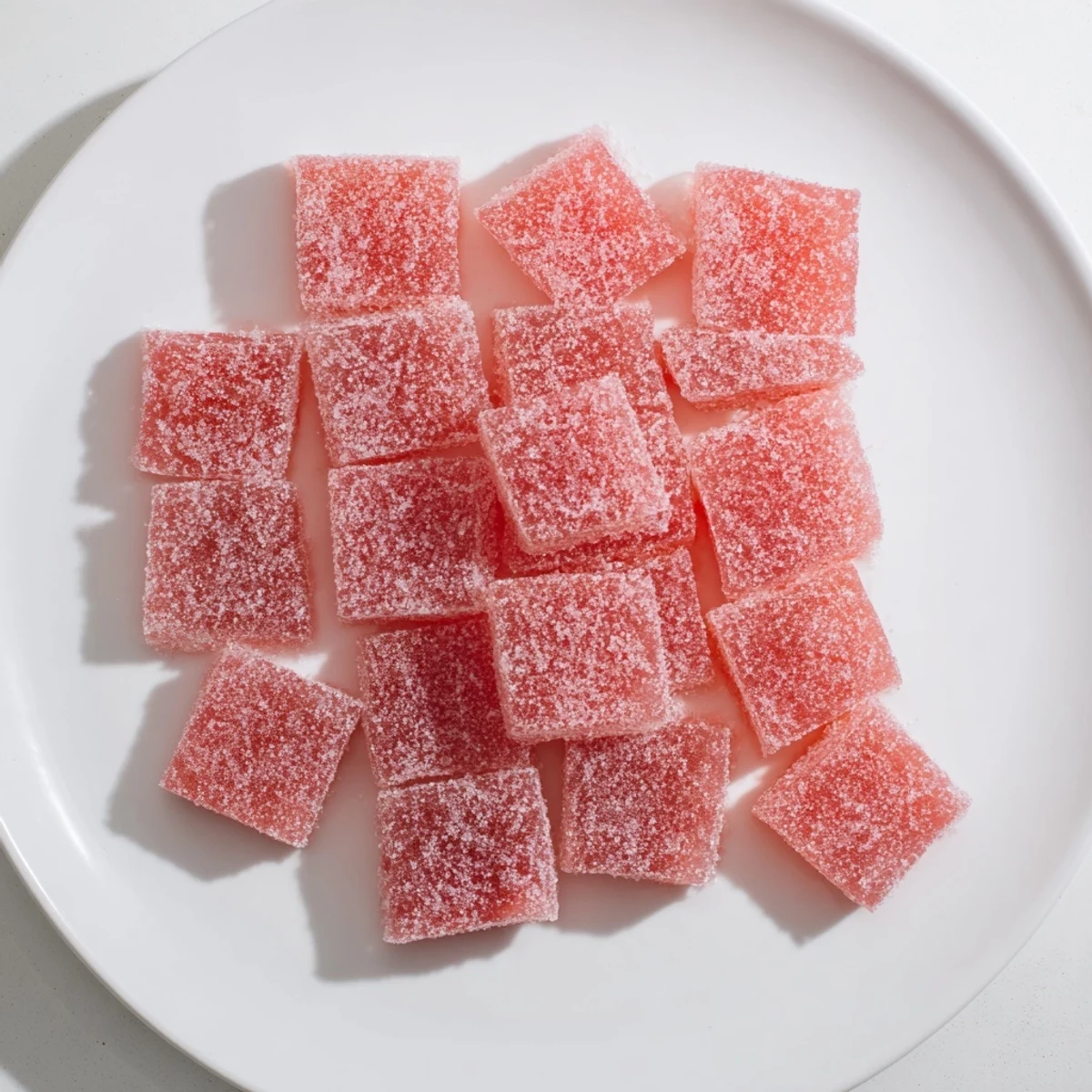 Homemade sour watermelon fruit chews coated in tangy citric acid sugar mixture on white plate