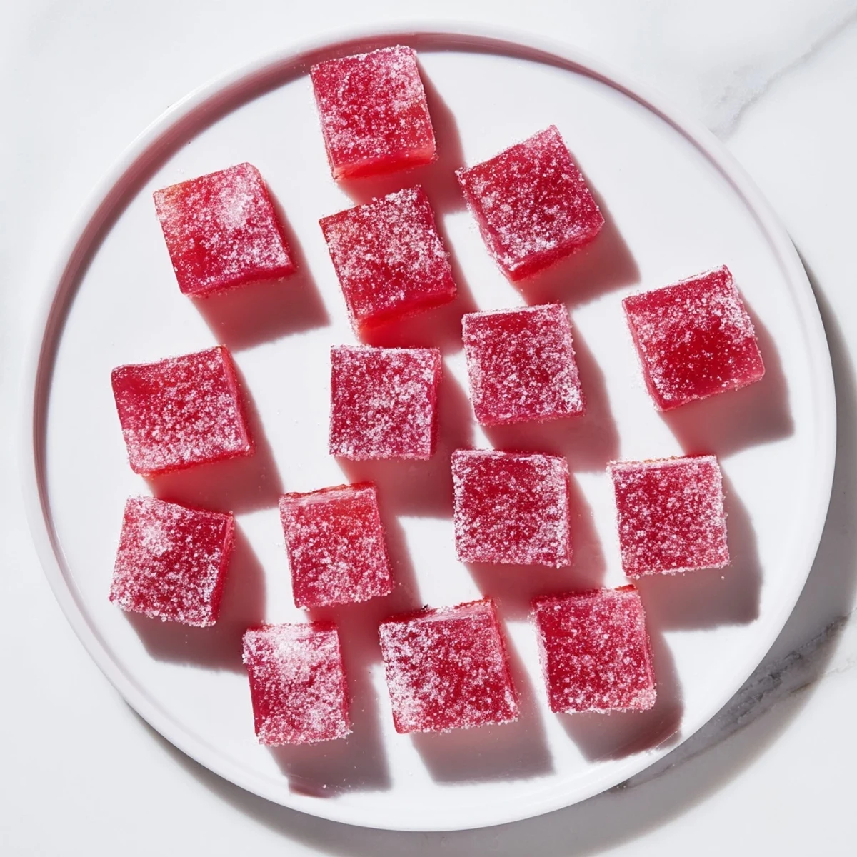 Chewy watermelon candies cut into squares and dusted with sour sugar for tart candy treats