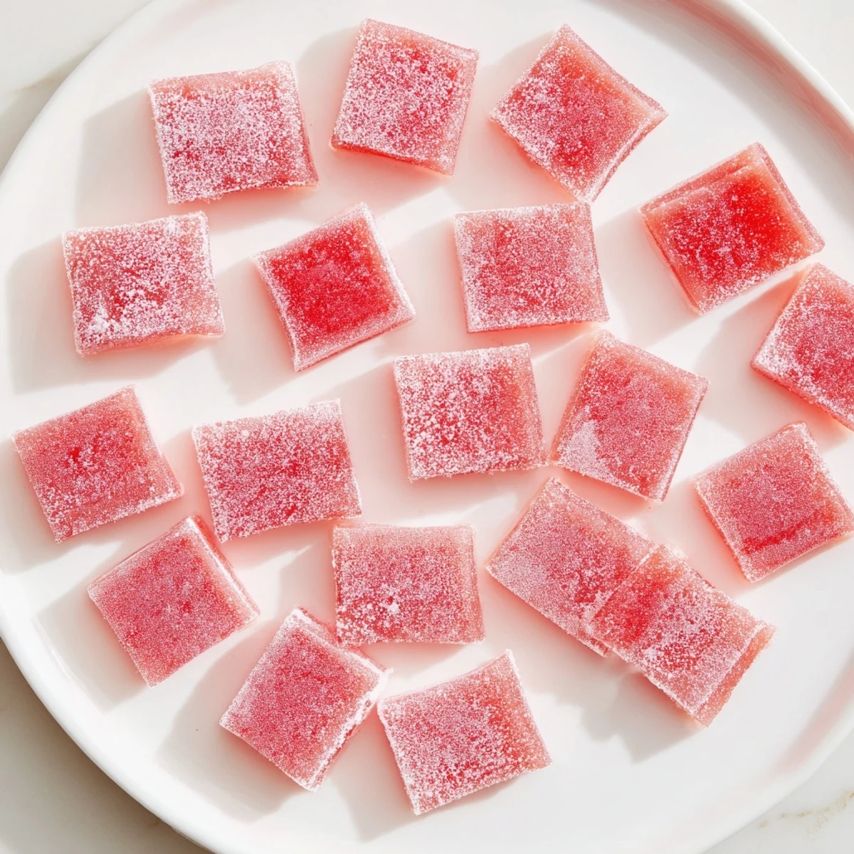 Fresh watermelon fruit chews rolled in sweet and sour coating perfect for homemade gummy candy