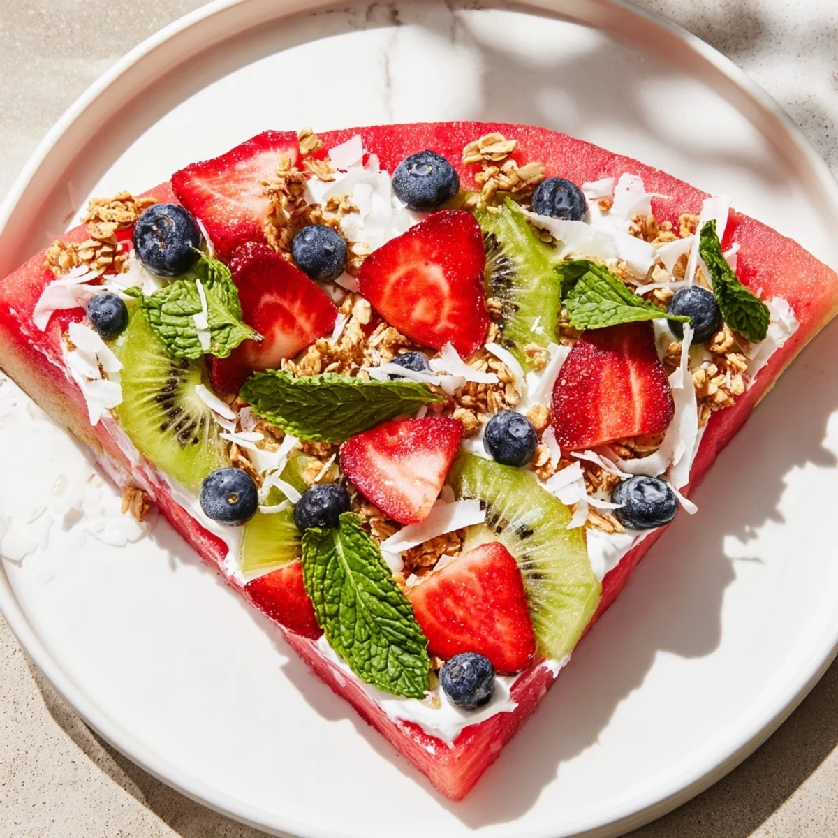 Fresh watermelon pizza topped with creamy Greek yogurt and colorful summer fruits