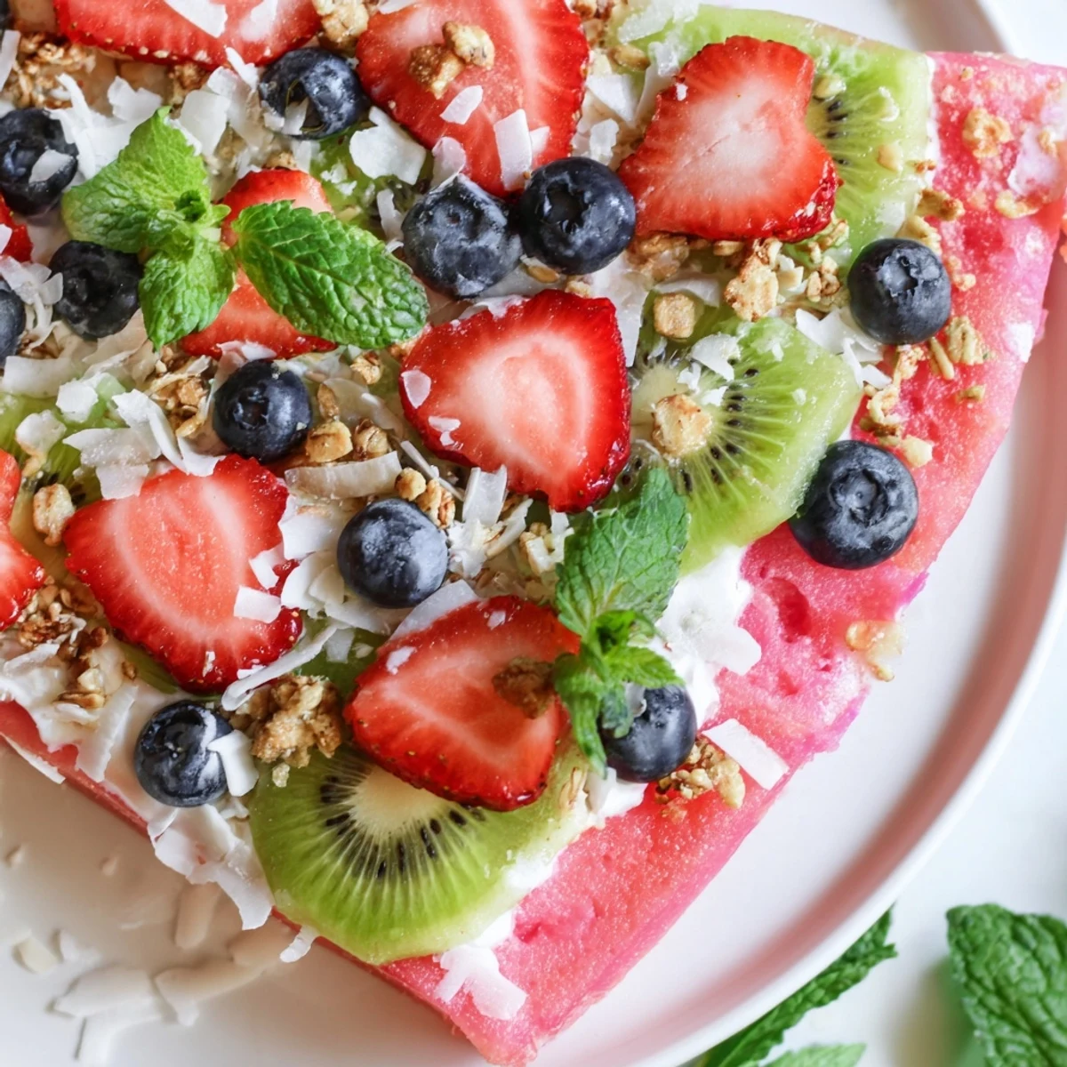Vibrant dessert pizza featuring watermelon crust layered with yogurt, berries, and fresh kiwi