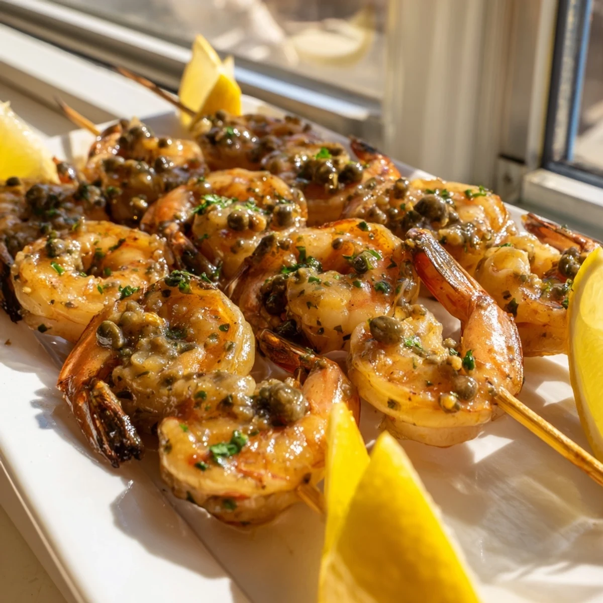 Golden grilled shrimp piccata skewers brushed with buttery lemon caper sauce on a white platter