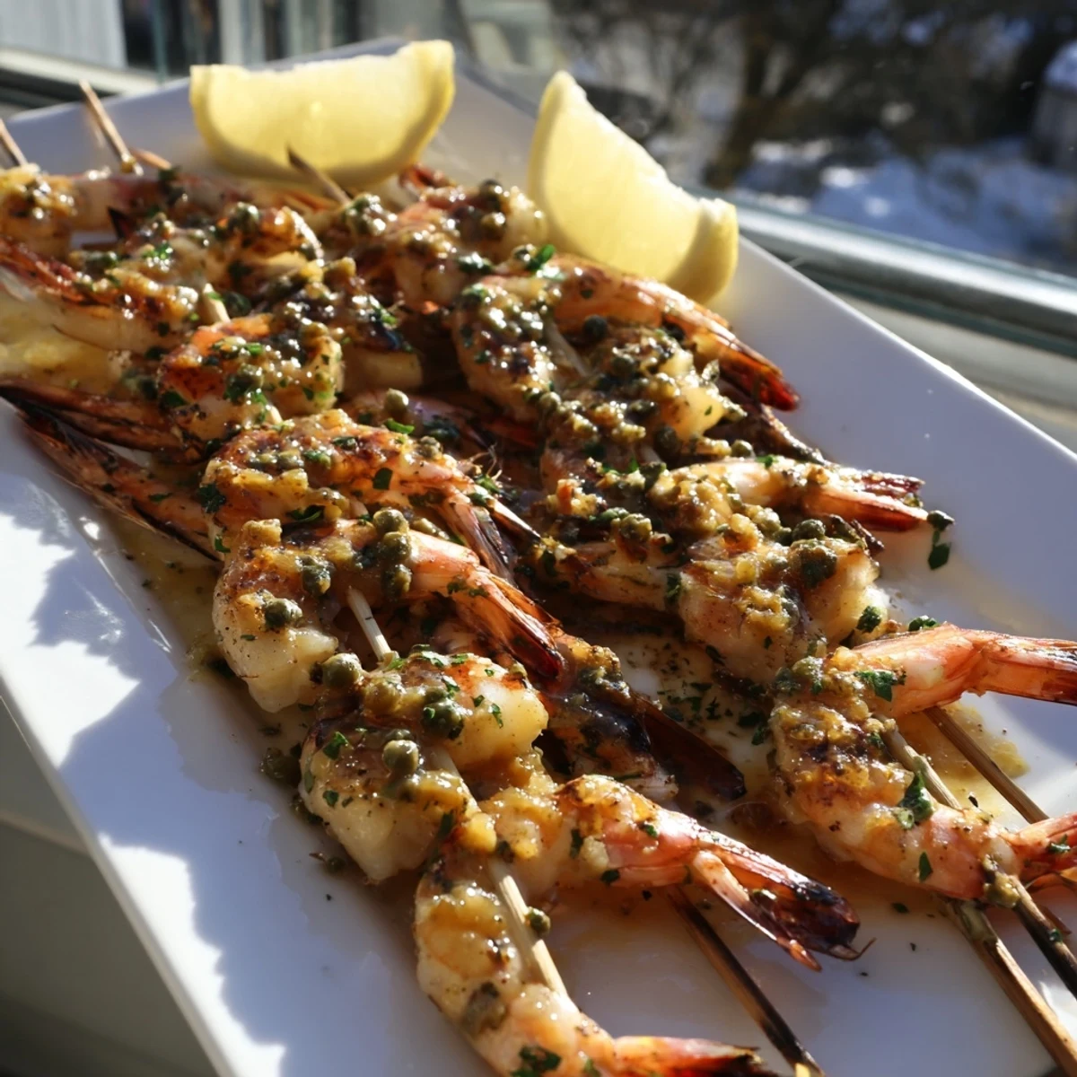 Sizzling Italian-style grilled shrimp piccata skewers served with extra sauce and bright lemon slices