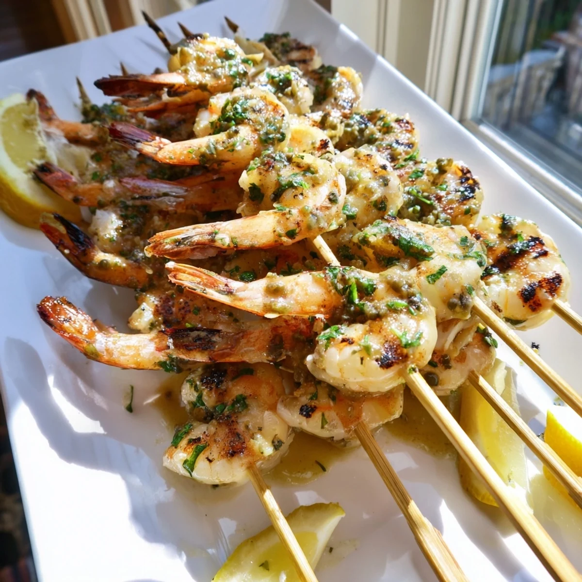Juicy threaded shrimp glistening with zesty piccata glaze, garnished with fresh parsley and lemon wedges