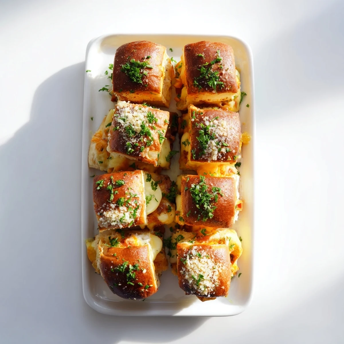 Golden brown mini grilled cheese Hawaiian rolls with melted cheese and garlic butter topping