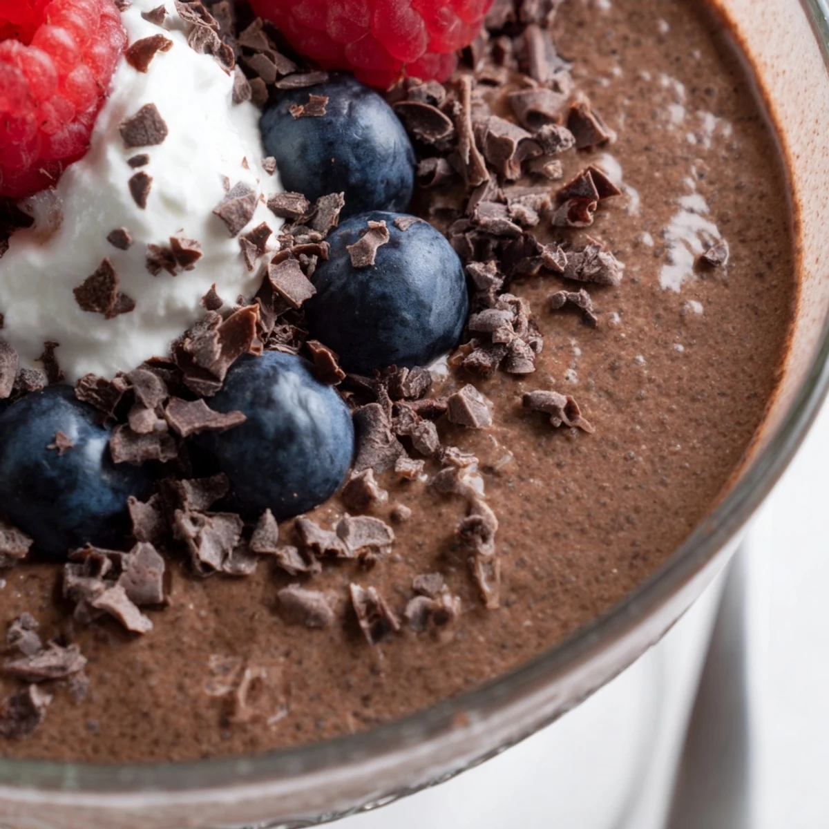 Rich chocolate flaxseed pudding chilled in glass cups with coconut whipped cream