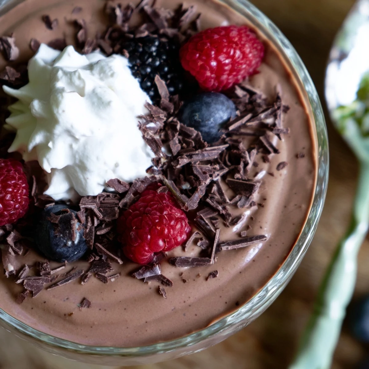 Creamy chocolate flaxseed pudding topped with fresh raspberries and shaved dark chocolate