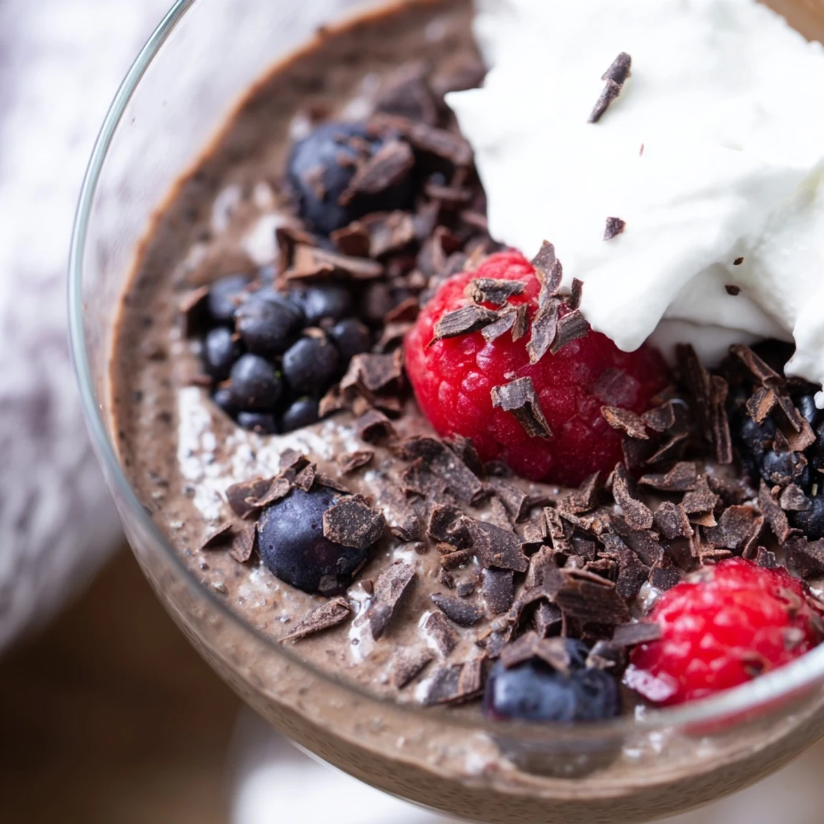 Glossy chocolate flaxseed pudding swirled with maple syrup and topped with berries