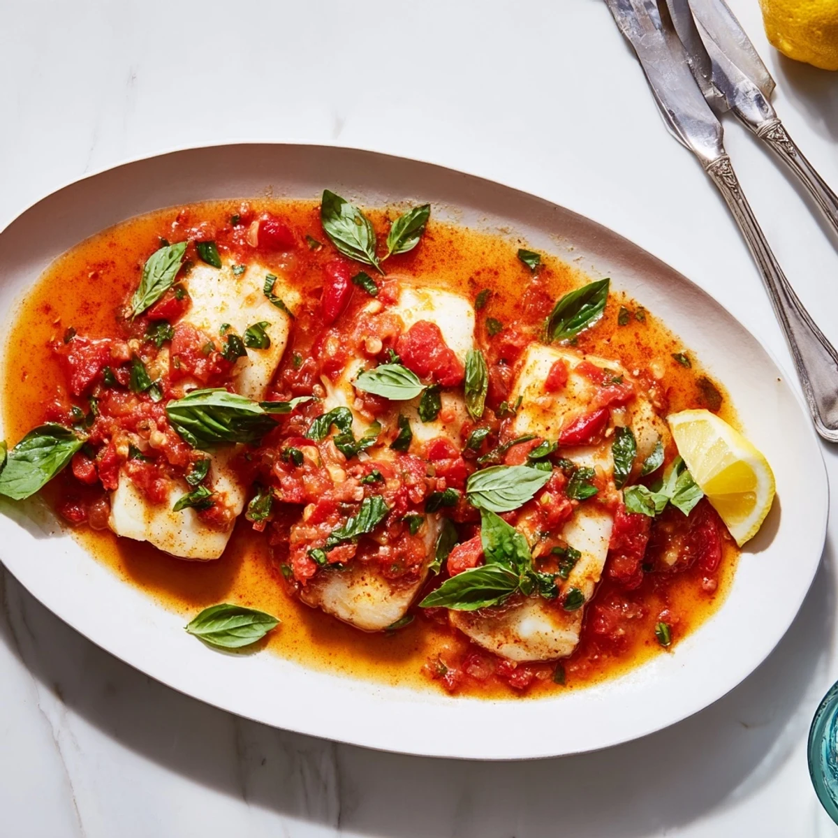 Golden halibut fillets poached in vibrant red tomato-butter sauce finished on the grill