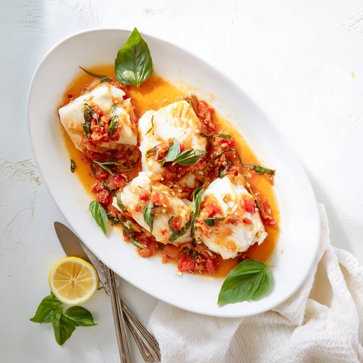Flaky white halibut steaming in rich tomato butter sauce with fresh basil garnish
