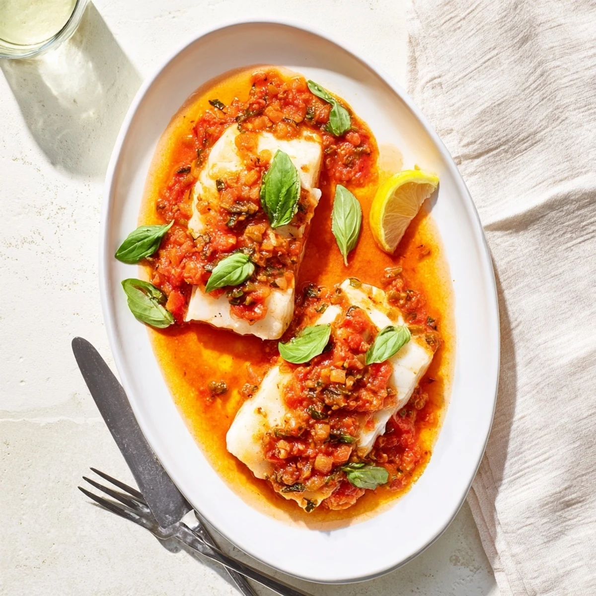 Grill-poached halibut in silky tomato-butter sauce served with lemon wedges and green basil