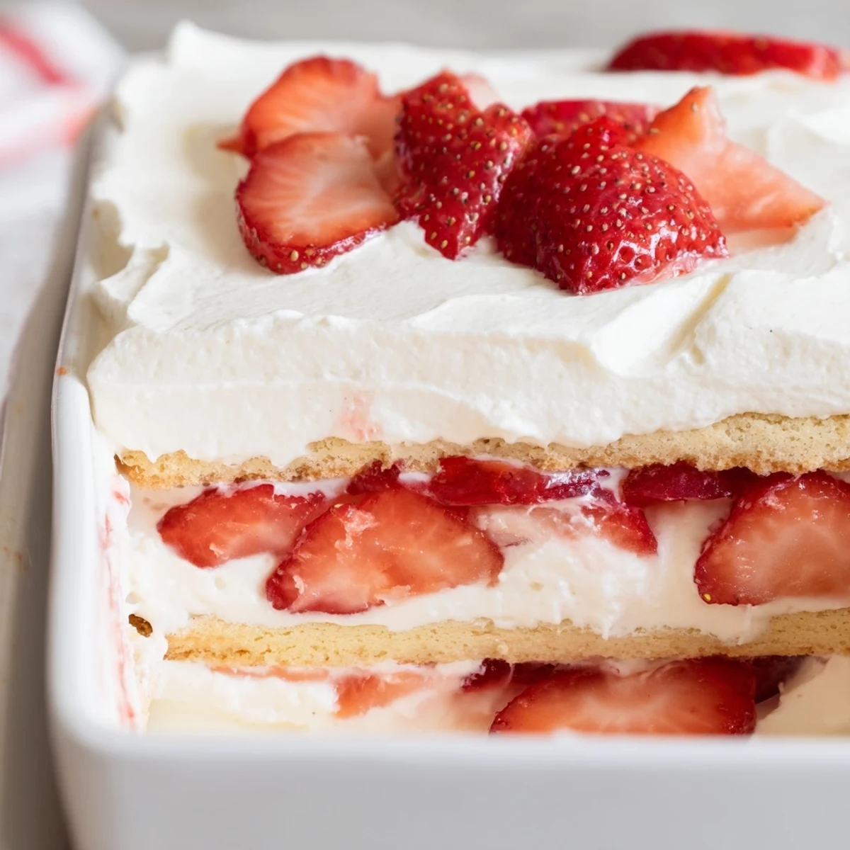 Square serving of no bake strawberry shortcake dessert showing cross section of cream soaked shortbread and fresh strawberry slices