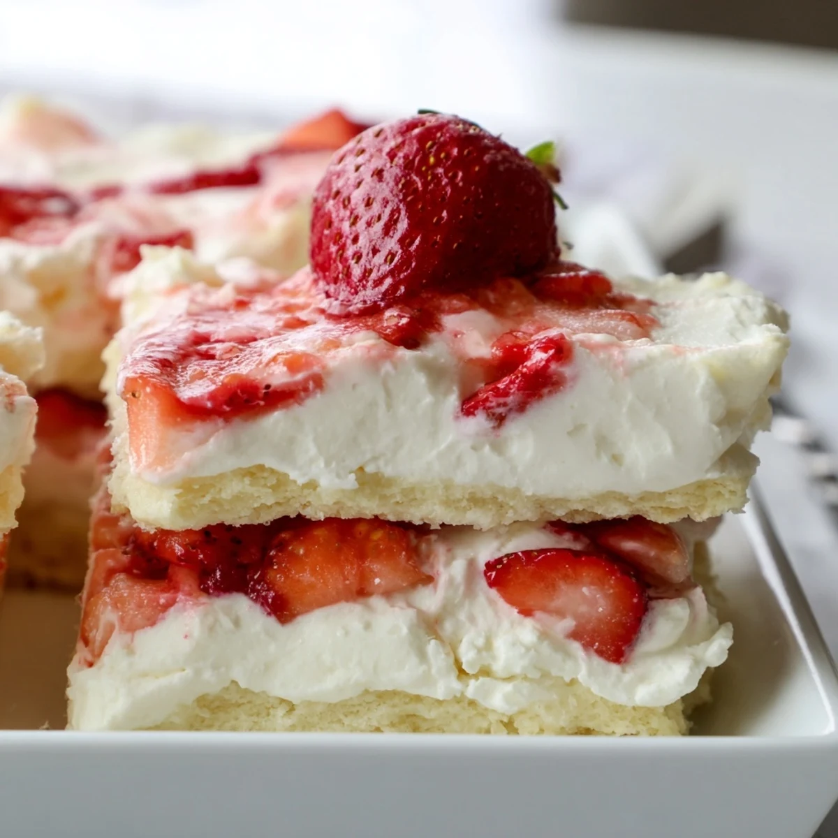 Individual slice of no bake strawberry shortcake dessert topped with ripe strawberries against a creamy vanilla backdrop