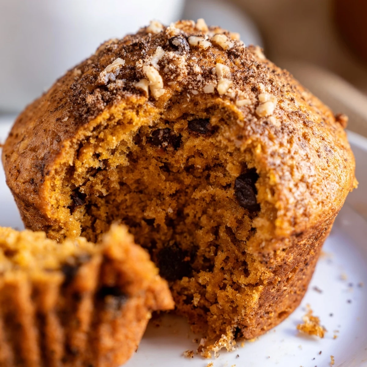 Golden brown pumpkin banana muffins topped with walnuts on a wire cooling rack