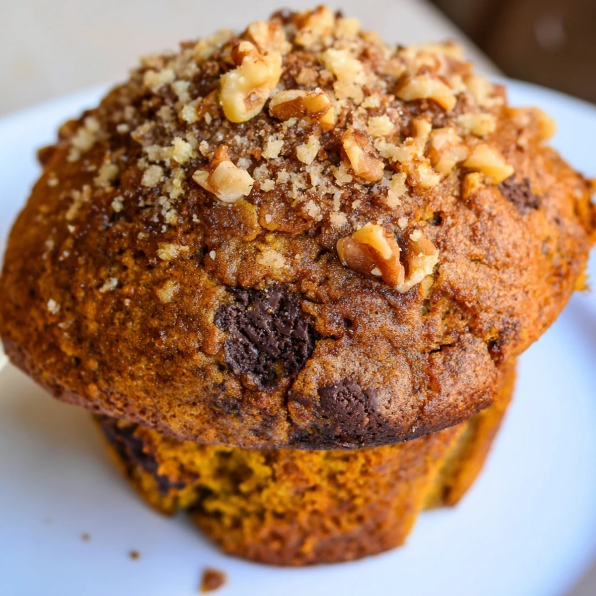 Batch of twelve pumpkin banana muffins sprinkled with chocolate chips ready for breakfast