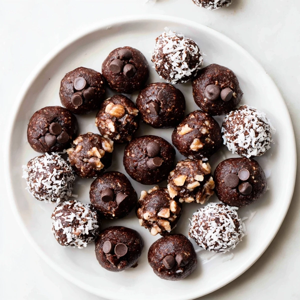Rich chocolate no bake brownie bites topped with chopped nuts and arranged for serving