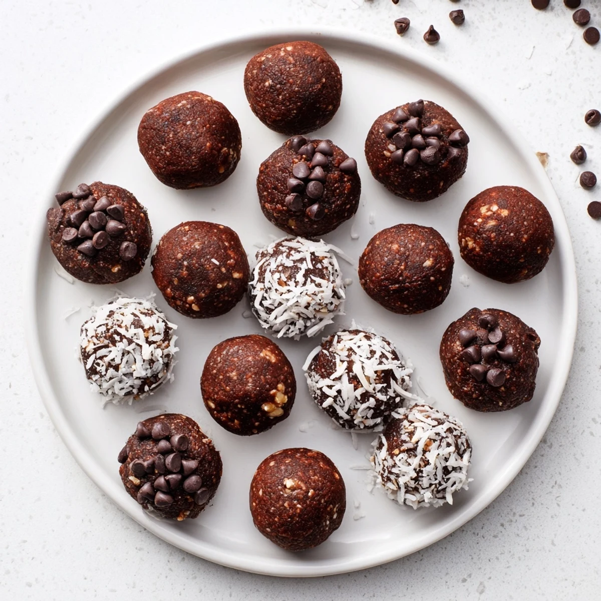 Fudgy no bake brownie bites rolled in coconut and chocolate chips on a white plate