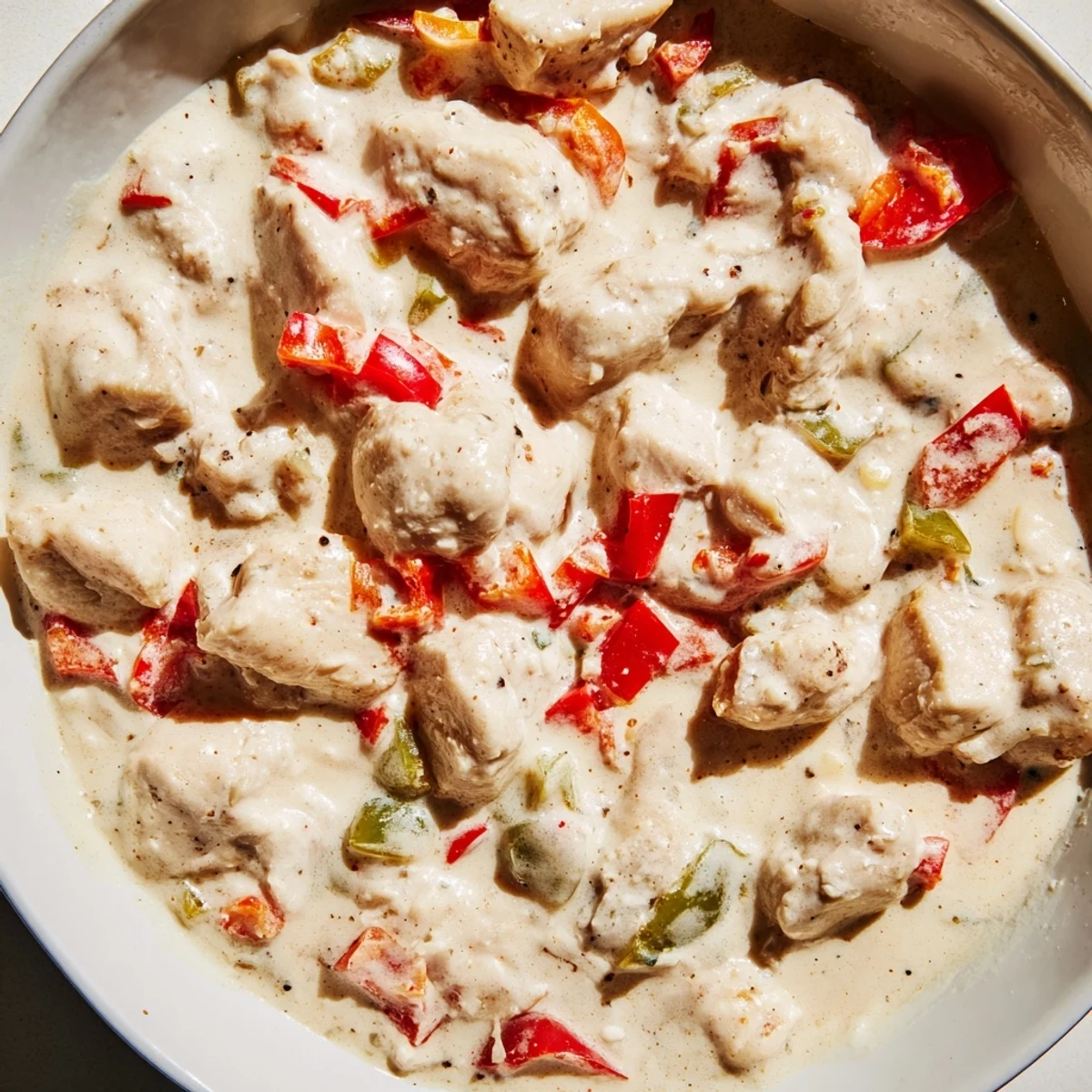 Golden chicken pieces coated in spicy Cajun cream sauce over fluffy white rice in a shallow bowl