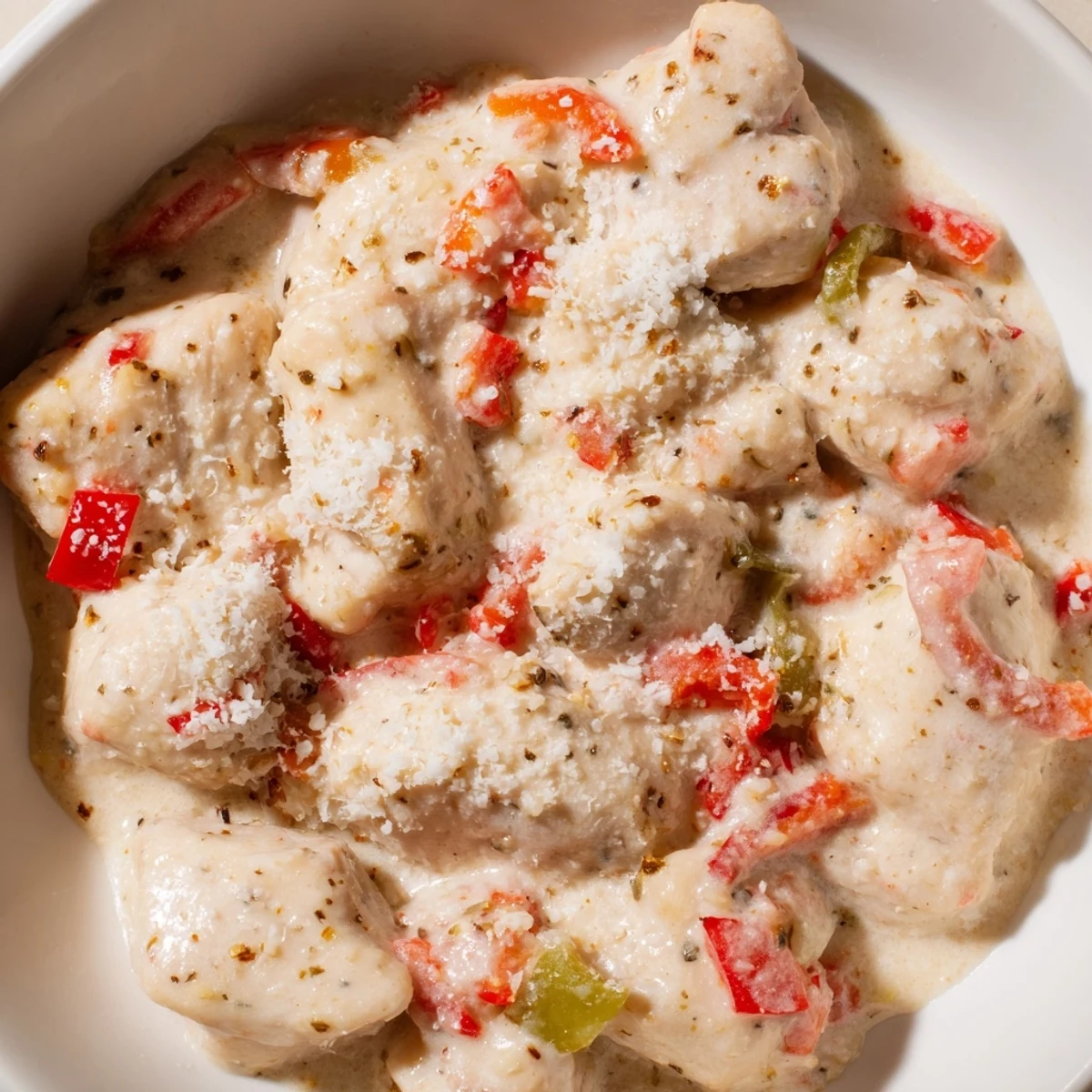 Vibrant red and green bell peppers nestled among seasoned chicken in a rich creamy sauce atop rice