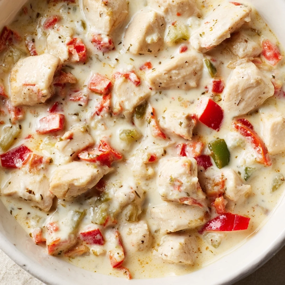 Close-up of tender Cajun-spiced chicken swimming in Parmesan cream sauce served over steaming rice with green onion garnish