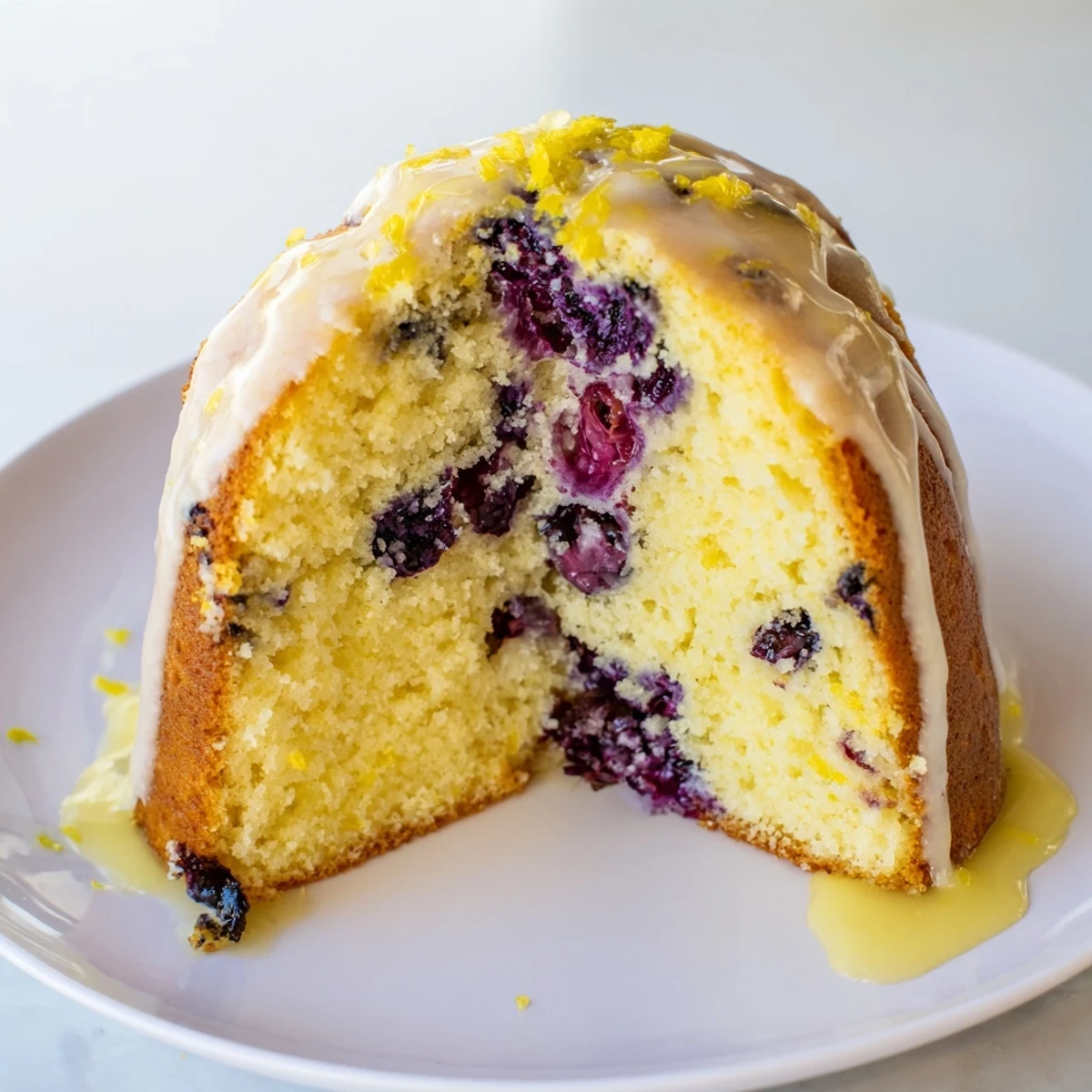 Golden lemon blueberry cake slice drizzled with tangy glaze and topped with plump berries