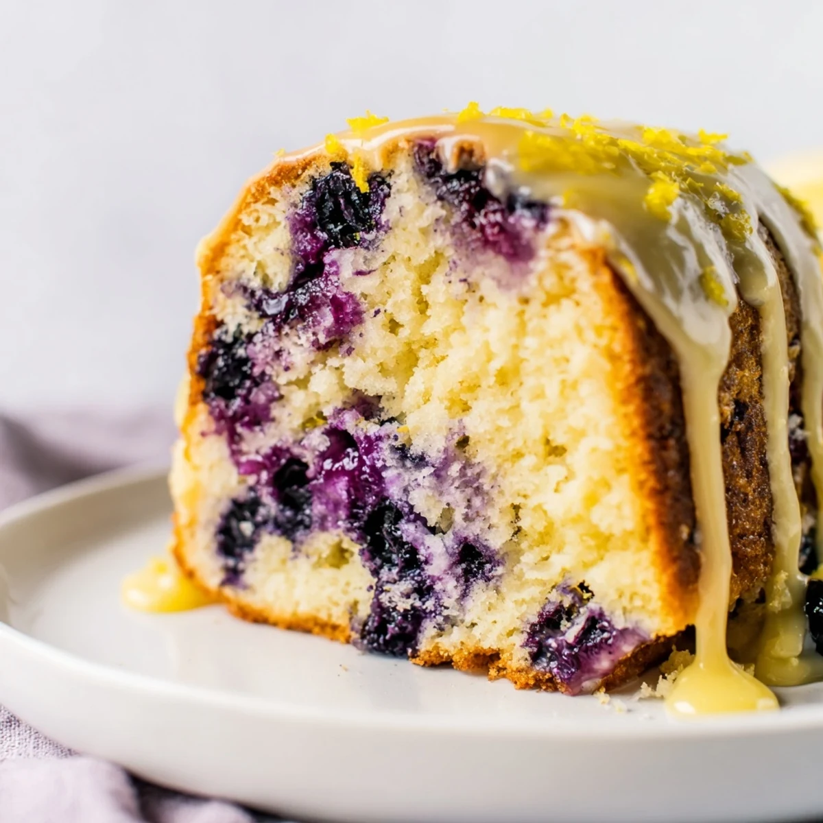 Moist lemon blueberry cake topped with sweet glaze and fresh blueberries on a white plate