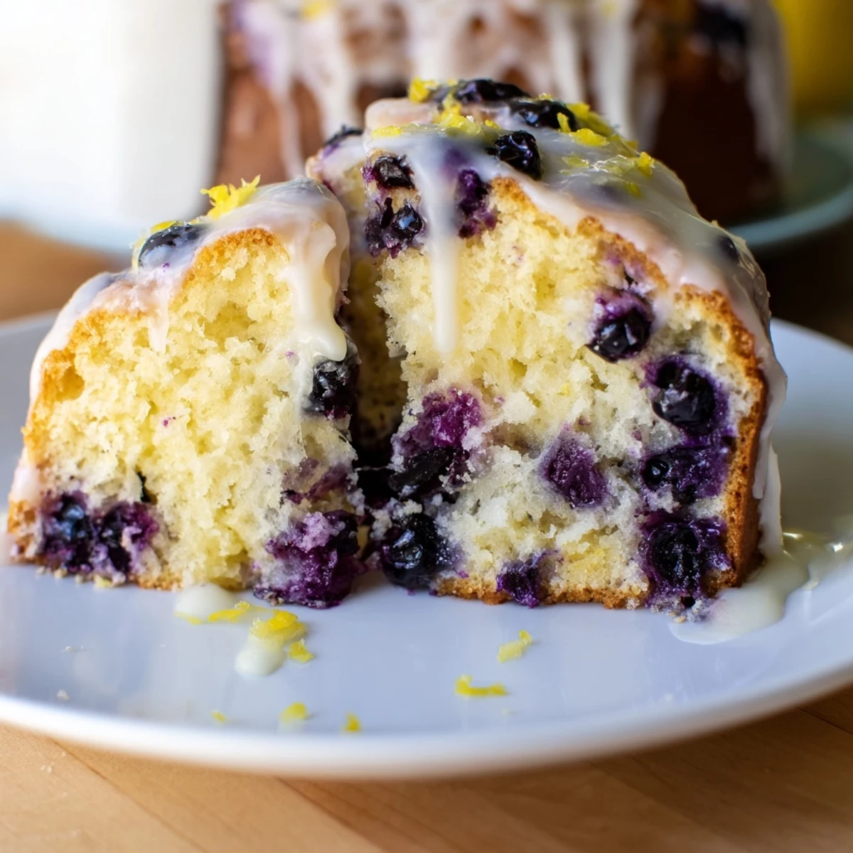 Homemade lemon blueberry cake with lemon glaze served on a rustic wooden cutting board