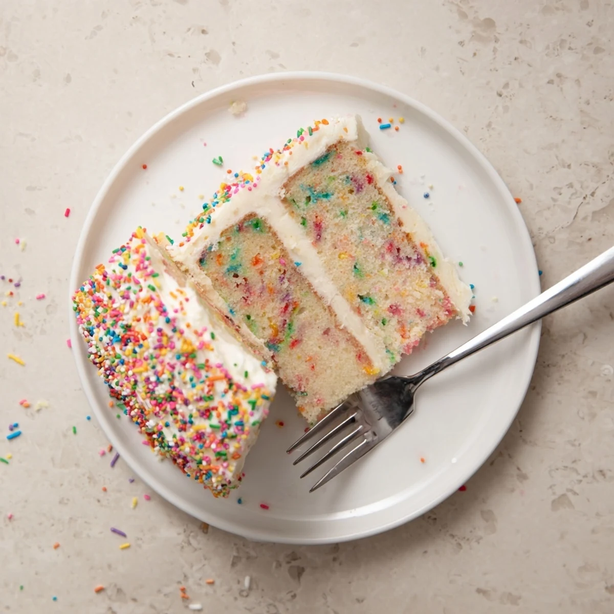 Festive homemade Funfetti cake with rainbow sprinkles baked into fluffy vanilla layers