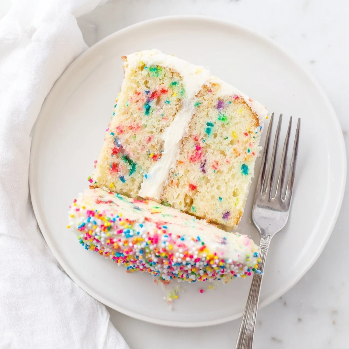 Slice of birthday Funfetti cake showing colorful confetti speckles throughout tender yellow crumb