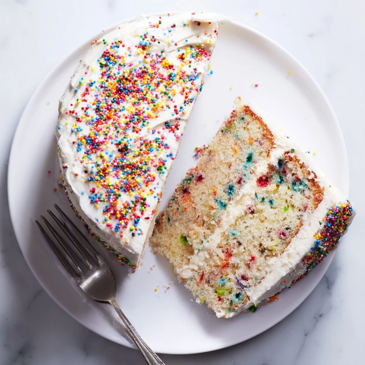 White frosted Funfetti cake decorated with sprinkles on a serving plate for celebrations