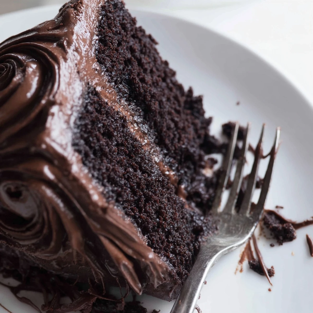 Slice of Matilda chocolate cake revealing tender crumb beneath glossy dark chocolate frosting