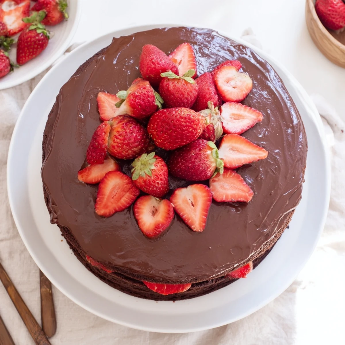 Moist chocolate cake layered with creamy ganache and juicy sliced strawberries for dessert