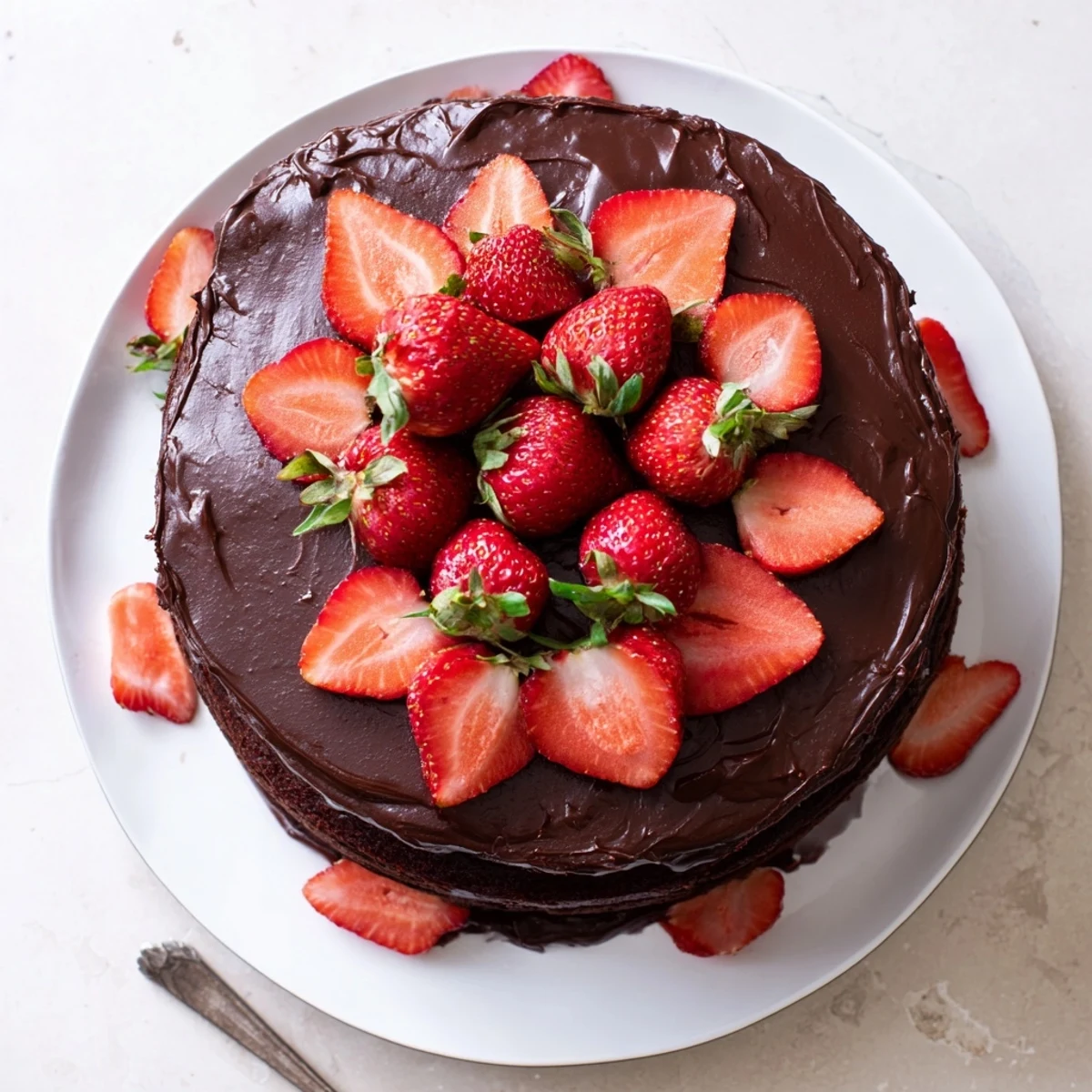 Elegant strawberry chocolate cake with glossy chocolate frosting and ripe berry decoration