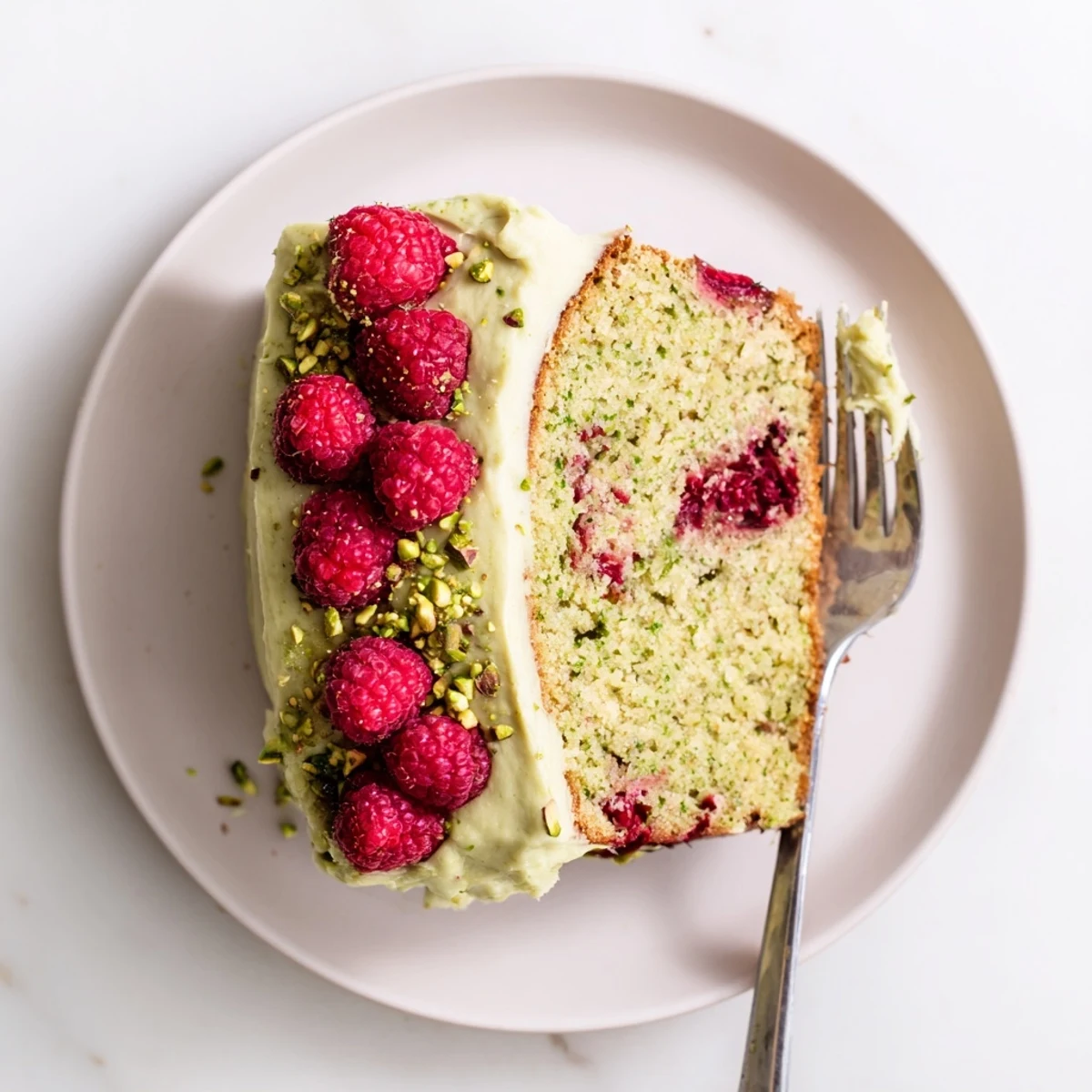 Moist pistachio raspberry cake slice topped with creamy green frosting and fresh red berries