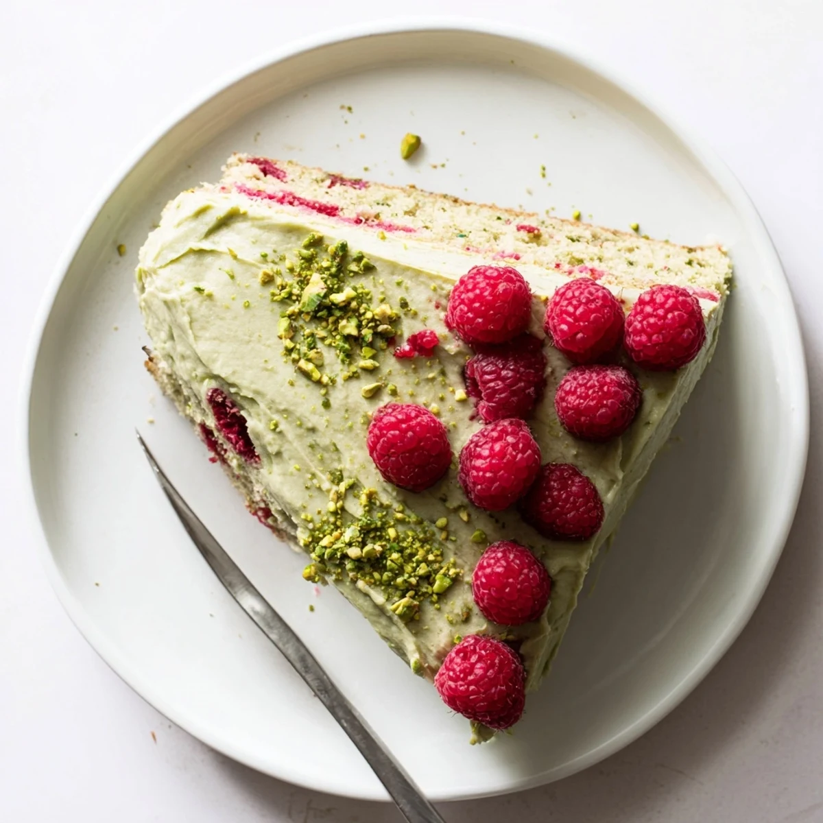 Slice of tender pistachio raspberry cake showing pink flecks and swirled nutty frosting