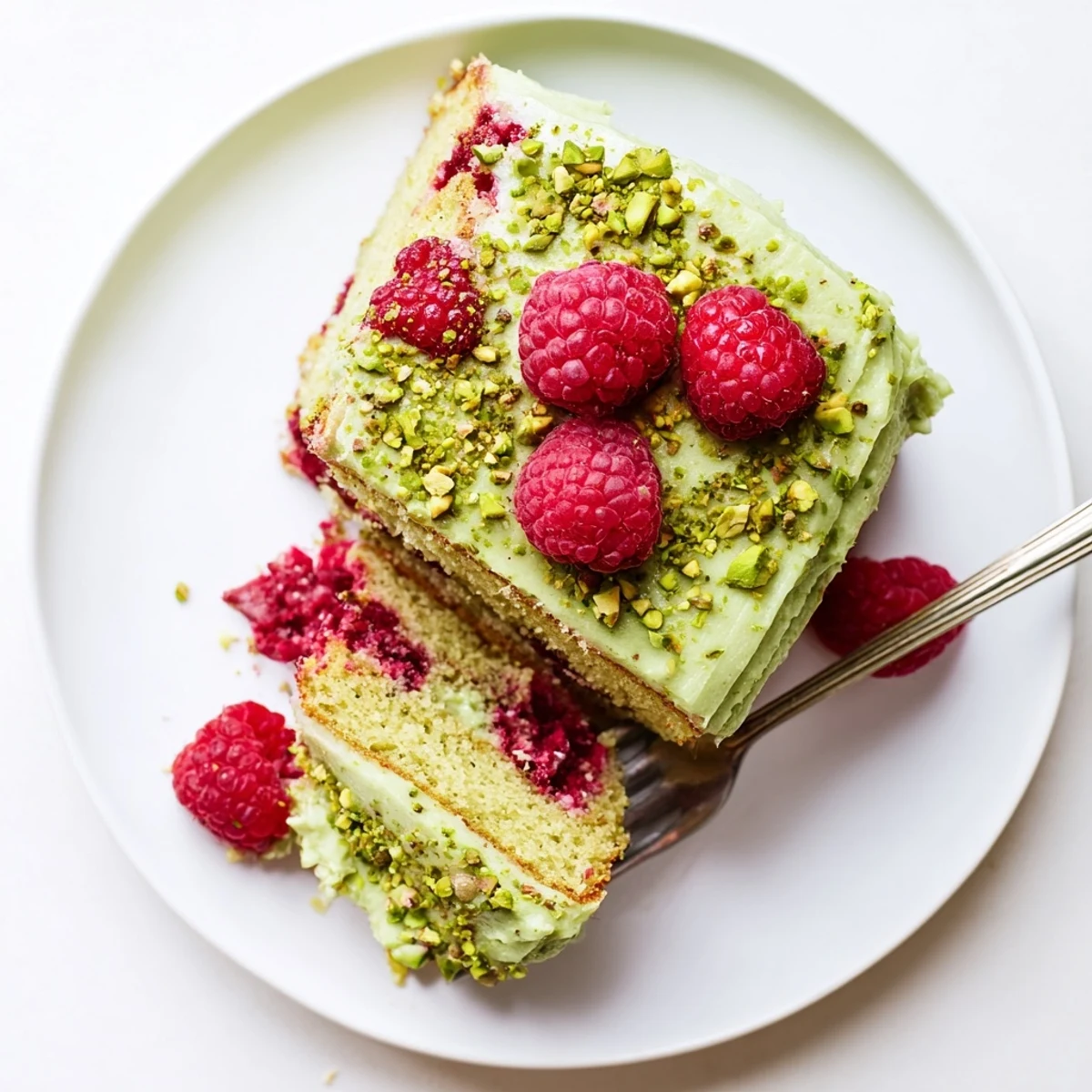 Homemade pistachio raspberry cake with cream cheese frosting garnished with whole raspberries