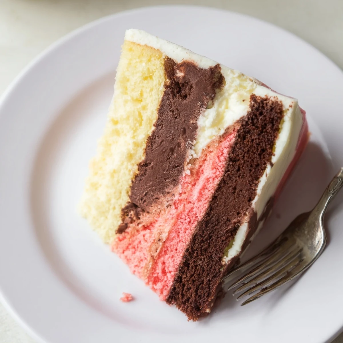 Homemade Neapolitan cake showcasing three vibrant horizontal layers of chocolate vanilla and strawberry