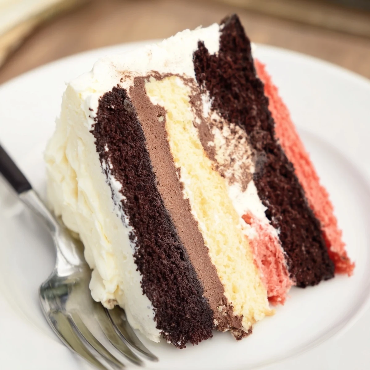 Slice of Neapolitan cake revealing colorful stacked tiers frosted with smooth creamy white buttercream