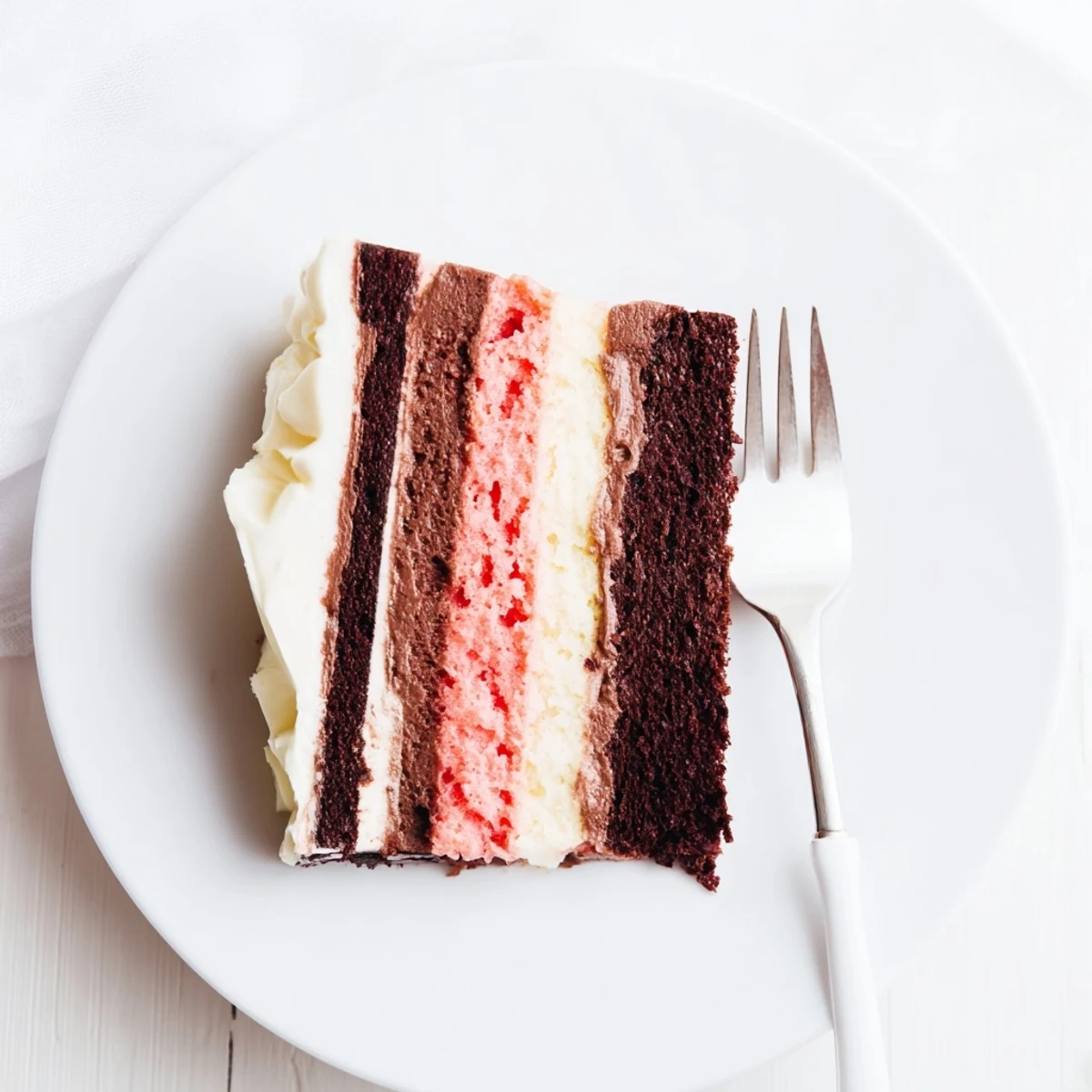 Triple-layer Neapolitan cake plated on white dessert stand with garnish of fresh strawberries