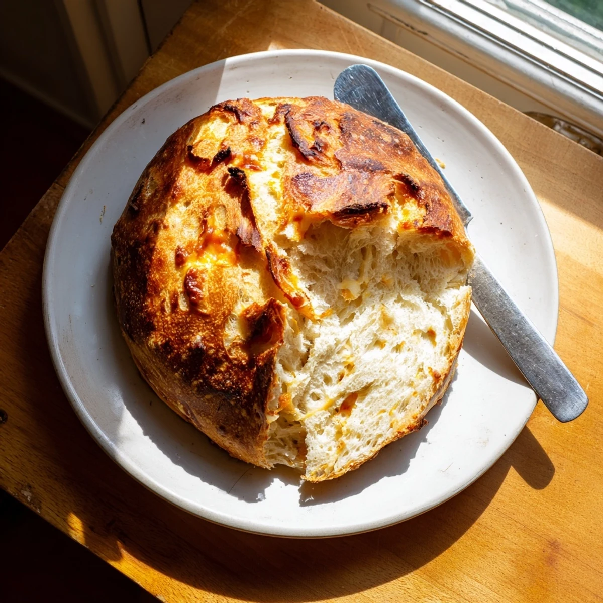 Golden no knead cheddar bread with melted cheese bits peeking through a crispy crust