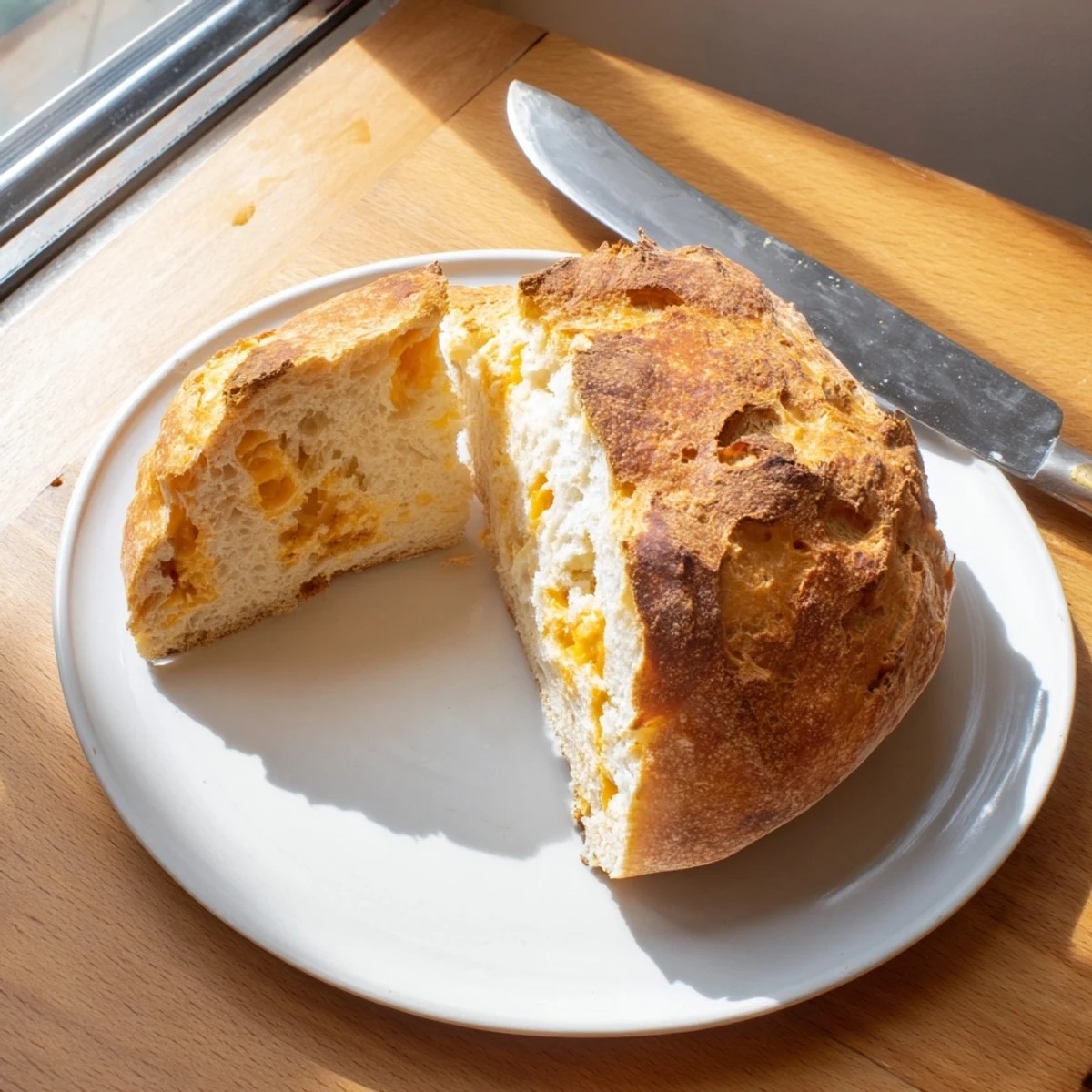 Freshly baked no knead cheddar bread cooling on wire rack with deep golden brown crust