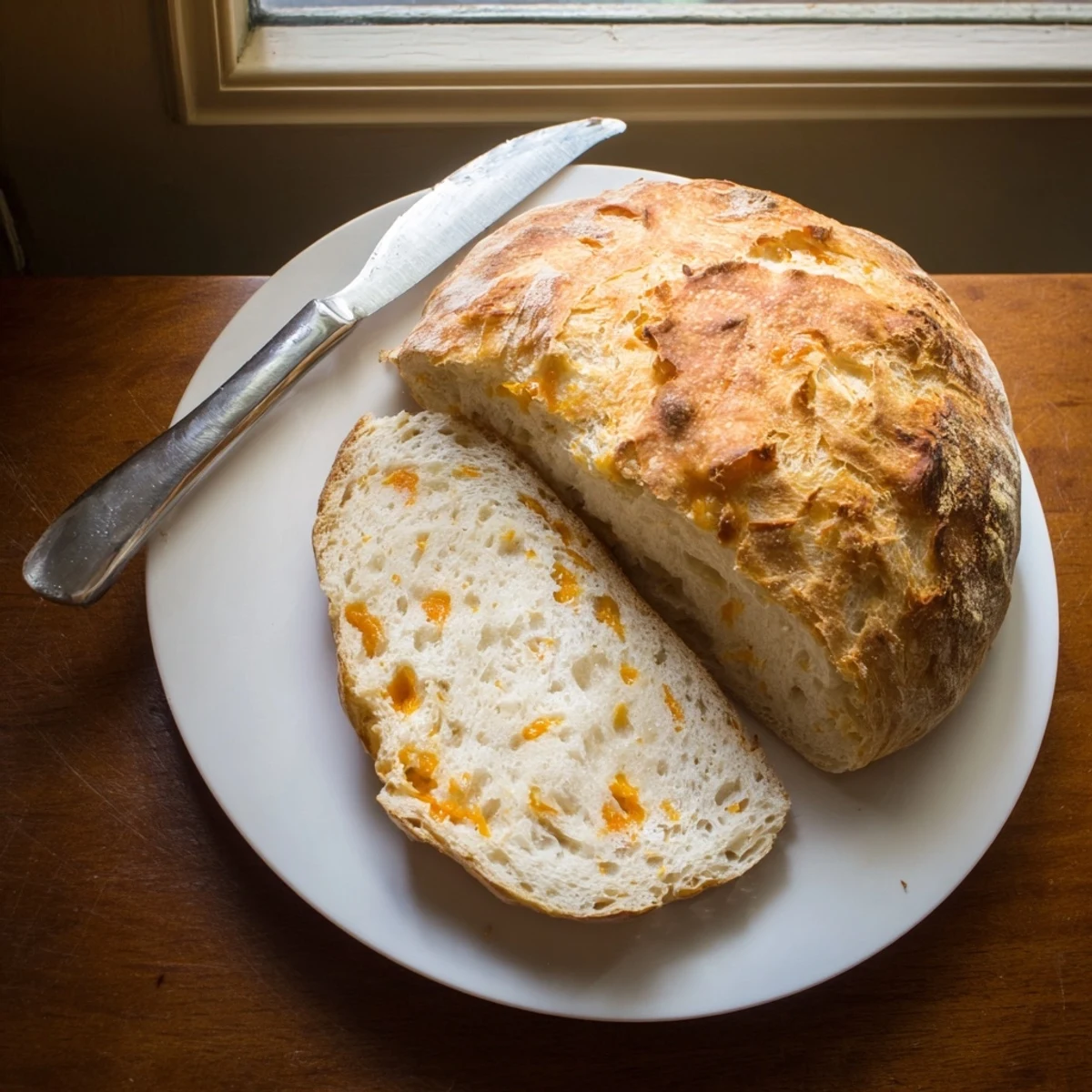 Rustic homemade no knead cheddar bread loaf sliced to reveal tender cheesy interior