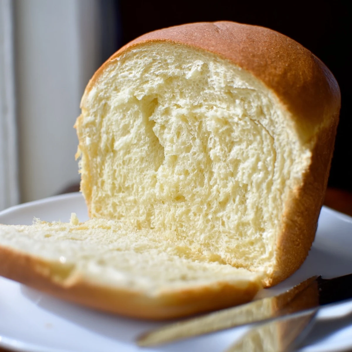 Golden homemade Amish white bread loaf with a soft, pillowy interior perfect for sandwiches