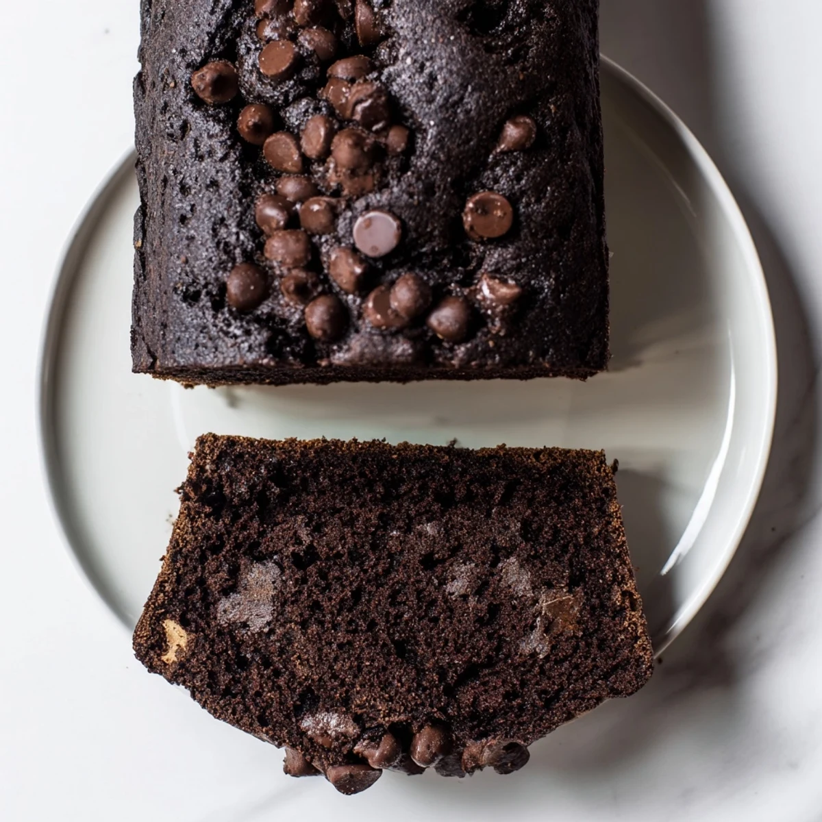 Thick slice of chocolate espresso banana bread displaying melted chocolate chips and moist dark crumb