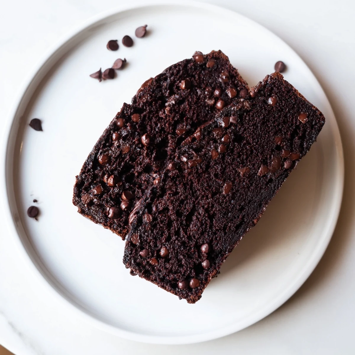 Plate of chocolate espresso banana bread slices alongside morning coffee highlighting the rich dark swirls